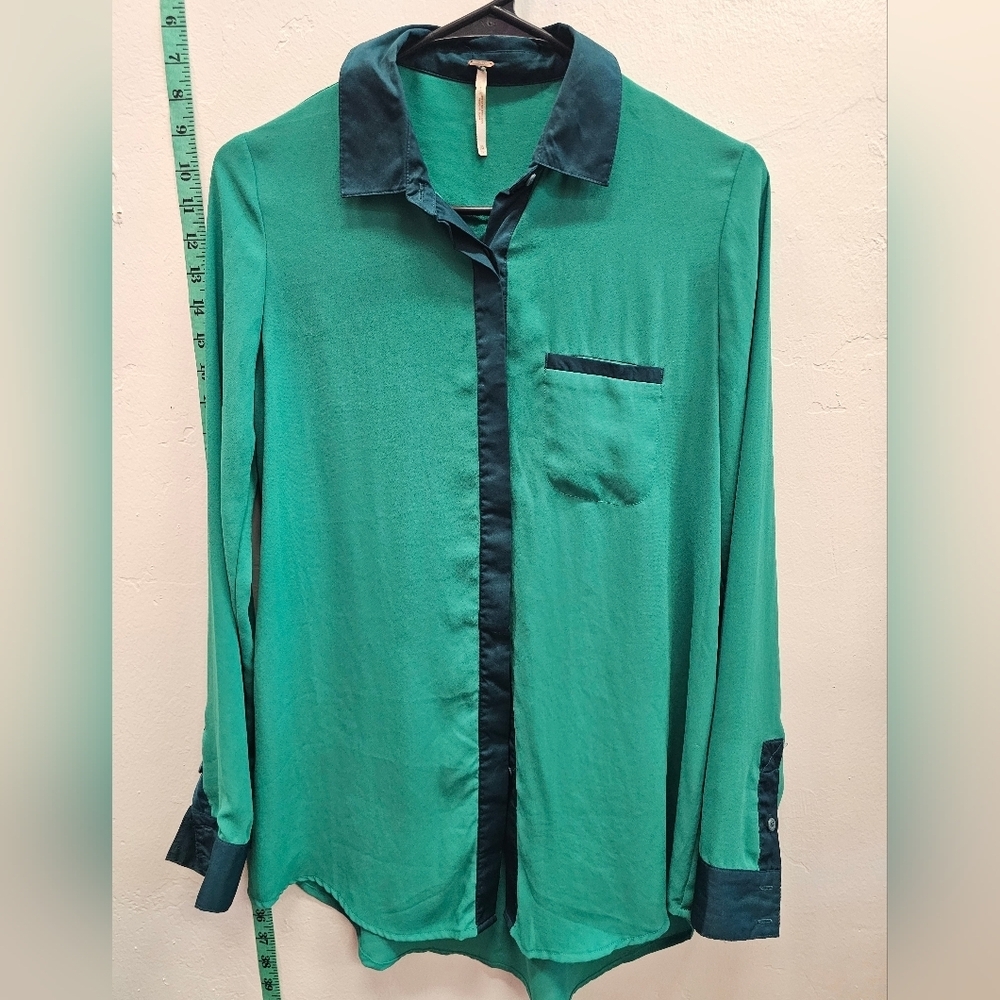 Free people, two tone, green, button down,  office, party, casual, business,